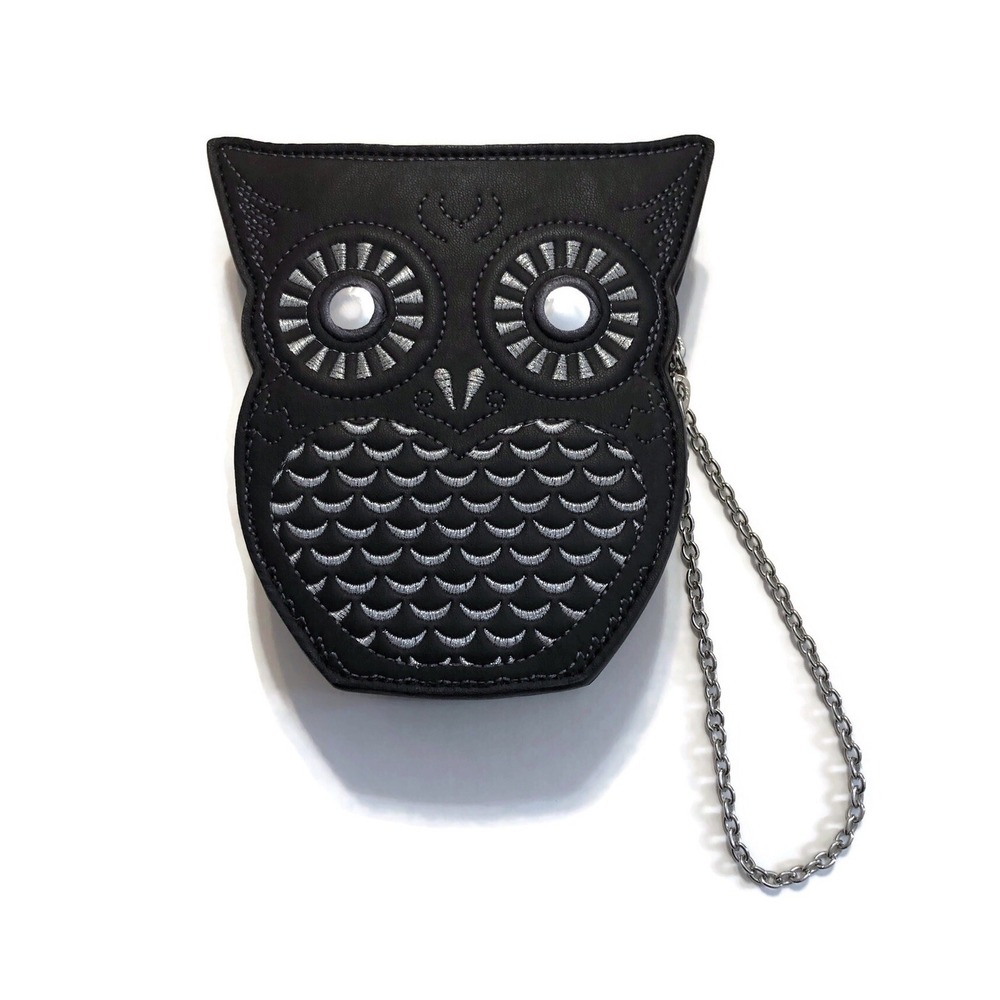 BCBG Max Azria Bag Womens Black Faux Leather Embroidered Owl Chain Zip Wristlet - Picture 6 of 9